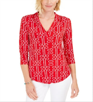 Top feminino estampado Charter Club com manga 3/4, vermelho, tamanho pequeno