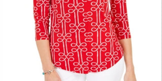 Top feminino estampado Charter Club com manga 3/4, vermelho, tamanho pequeno