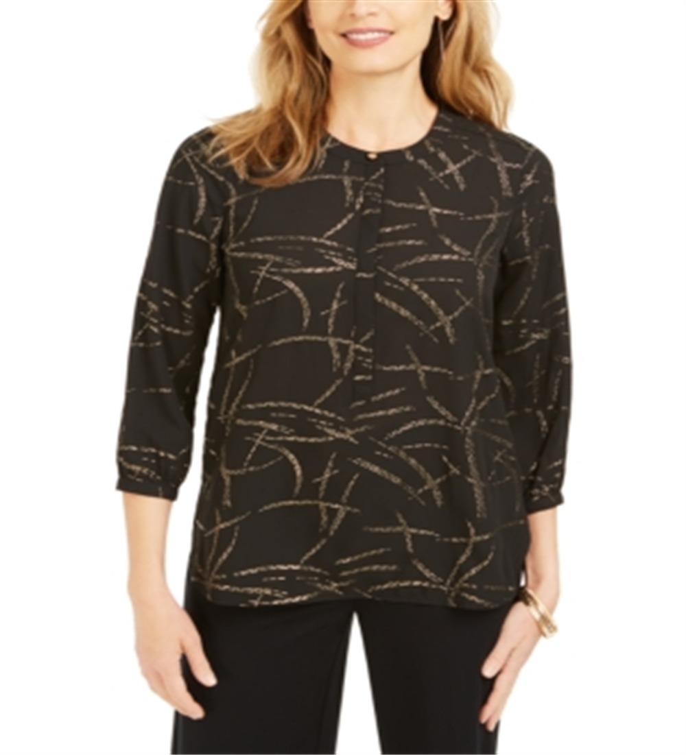 Blusa feminina estampada com pregas nas costas, tamanho médio, preta, da coleção JM