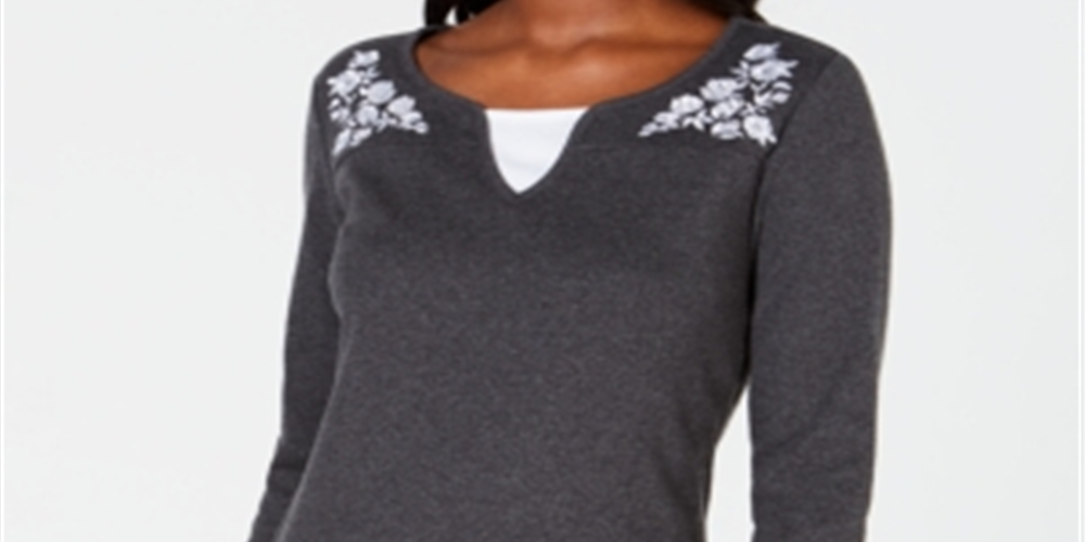 Blusa feminina Karen Scott de algodão bordado com efeito em camadas, cinza, tamanho médio