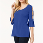 JM Collection Top Feminino com Mangas Babadas e Recorte Detalhado Azul Tamanho P
