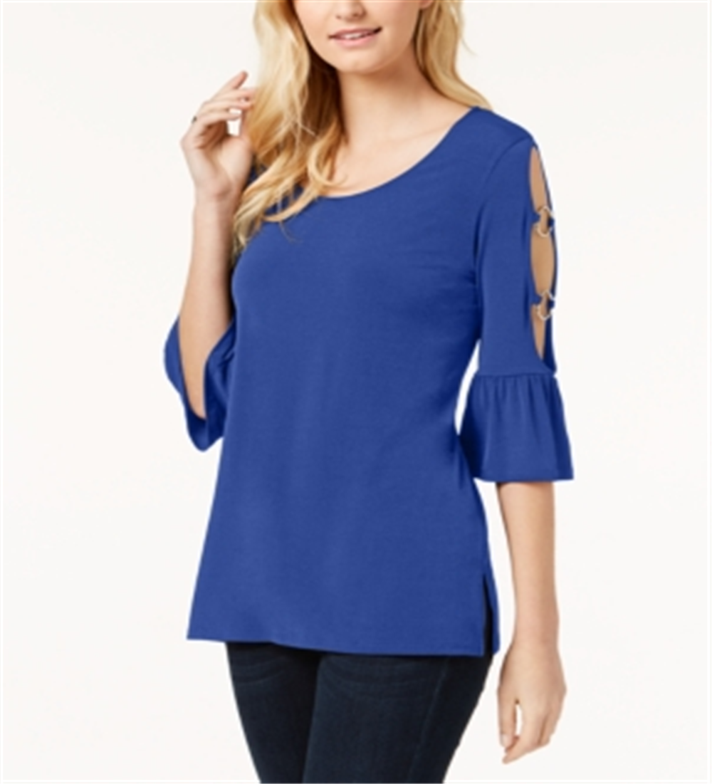 JM Collection Top Feminino com Mangas Babadas e Recorte Detalhado Azul Tamanho P