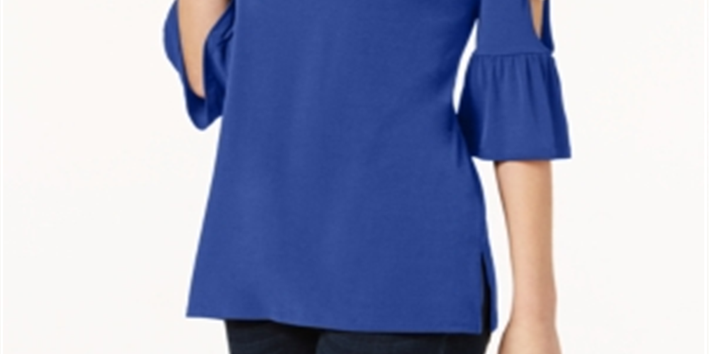 JM Collection Top Feminino com Mangas Babadas e Recorte Detalhado Azul Tamanho P