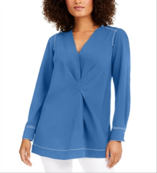 Alfani Women's Contrast Trim V Neck Tunic Top Blue Size Large