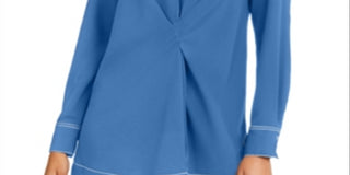 Alfani Women's Contrast Trim V Neck Tunic Top Blue Size Large