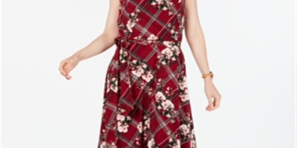 Vestido feminino Charter Club com cinto e estampa mista, tamanho grande, vermelho