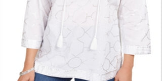 Blusa de linho feminina com estampa de folha Charter Club, branca, tamanho pequeno