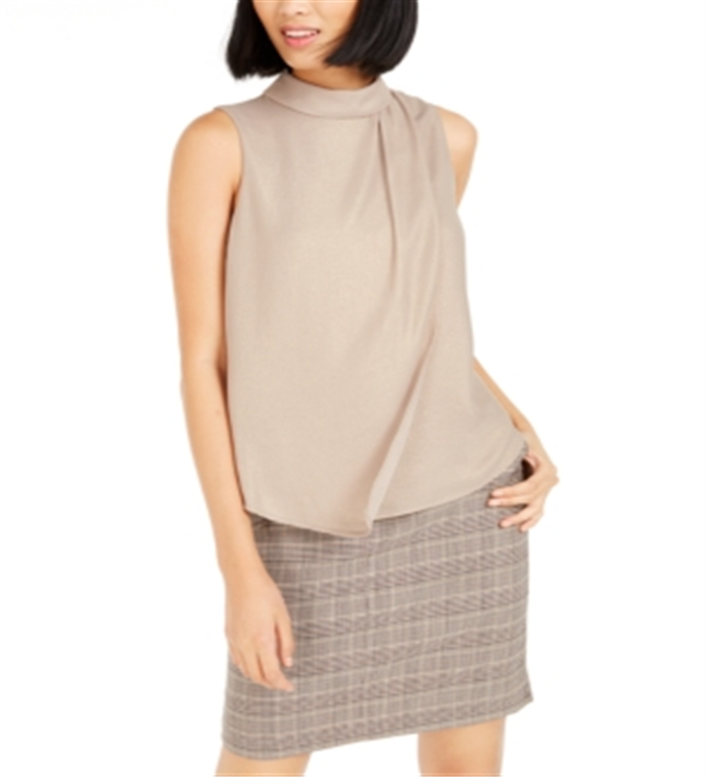 Regata plissada com decote falso feminina Bar III, bege, tamanho médio