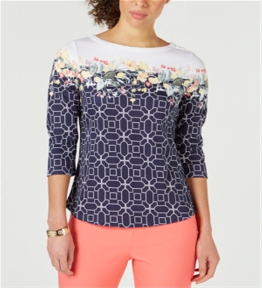 Charter Club Blusa Estampada Feminina Azul Tamanho Pequeno Médio