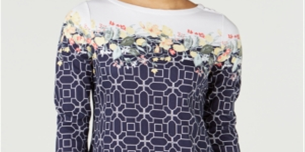 Charter Club Blusa Estampada Feminina Azul Tamanho Pequeno Médio