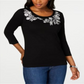 Karen Scott Blusa feminina bordada com manga 3/4, preta, tamanho pequeno médio