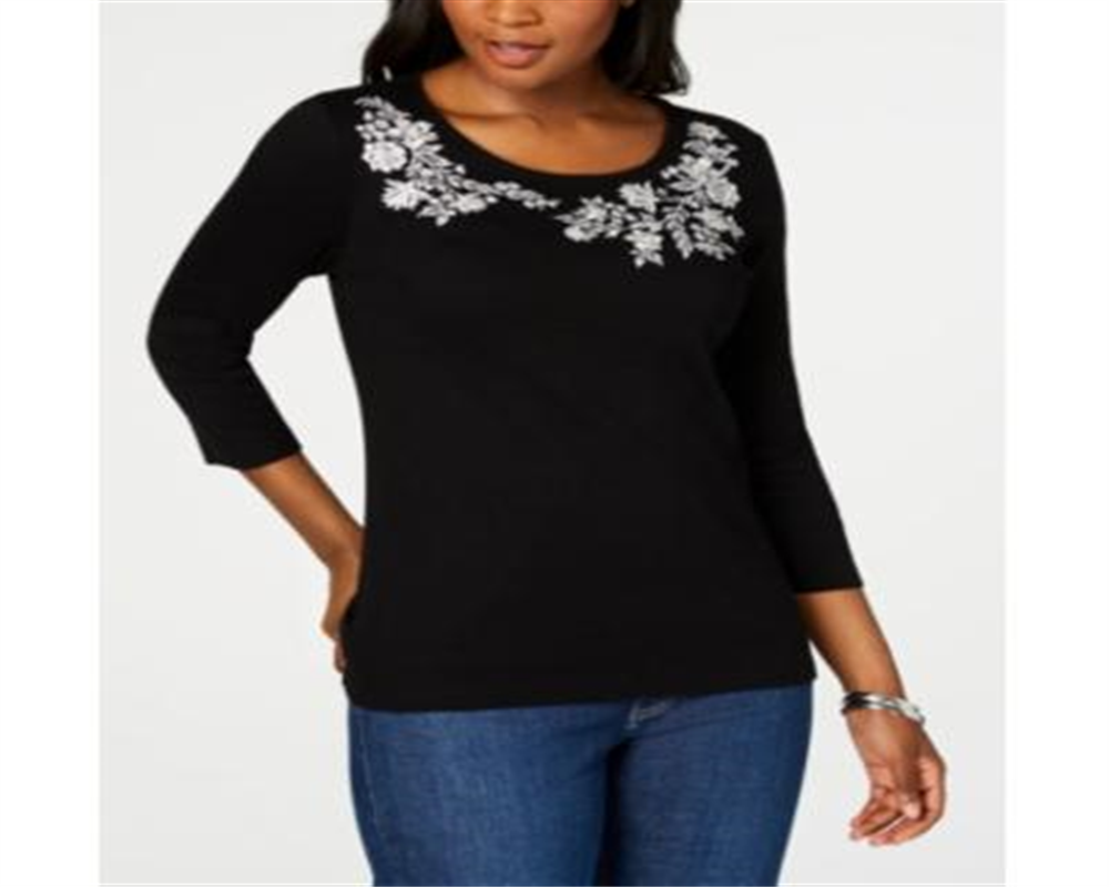 Karen Scott Blusa feminina bordada com manga 3/4, preta, tamanho pequeno médio