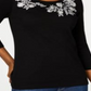 Karen Scott Blusa feminina bordada com manga 3/4, preta, tamanho pequeno médio
