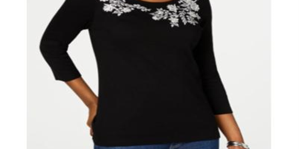 Karen Scott Blusa feminina bordada com manga 3/4, preta, tamanho pequeno médio