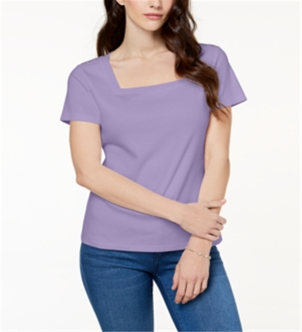 Camiseta feminina Karen Scott de algodão com gola quadrada e botões, roxa, tamanho XXG