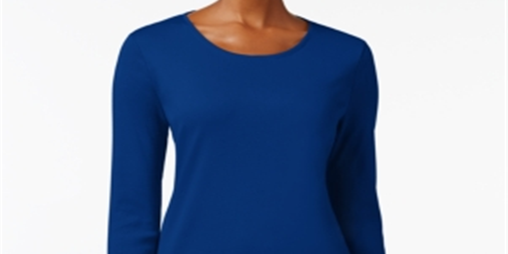 Camiseta feminina de manga comprida de algodão Pima Charter Club, azul, tamanho grande