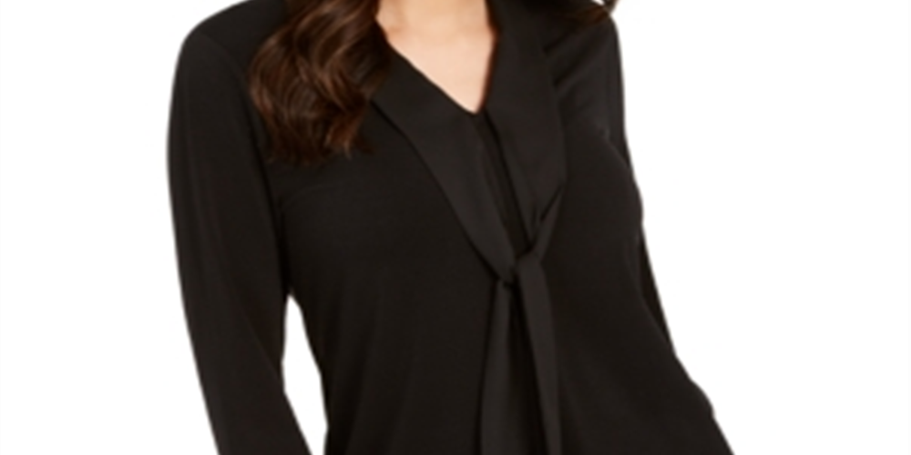 Blusa de crepe feminina Charter Club com gola amarrada, preta, tamanho pequeno G