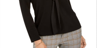 Blusa de crepe feminina Charter Club com gola amarrada, preta, tamanho pequeno G