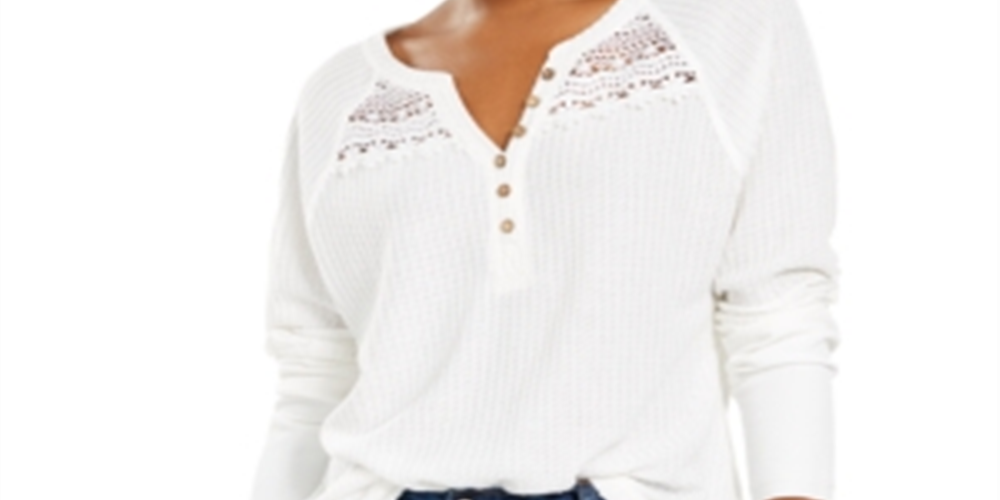 Top Henley com acabamento em renda texturizada American Rag Junior's, branco, tamanho XXS