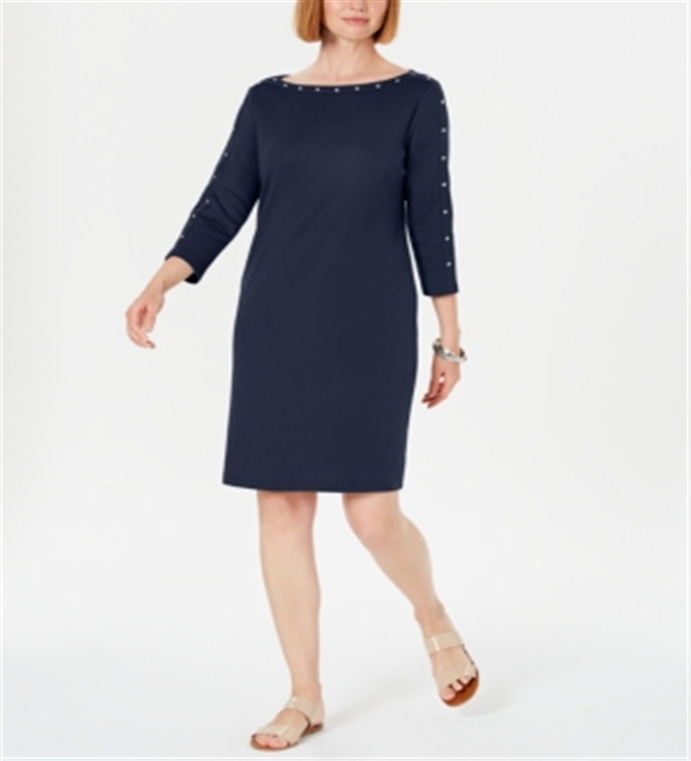 Vestido feminino Karen Scott com tachas, manga 3/4, decote canoa, acima do joelho, azul, tamanho X-S