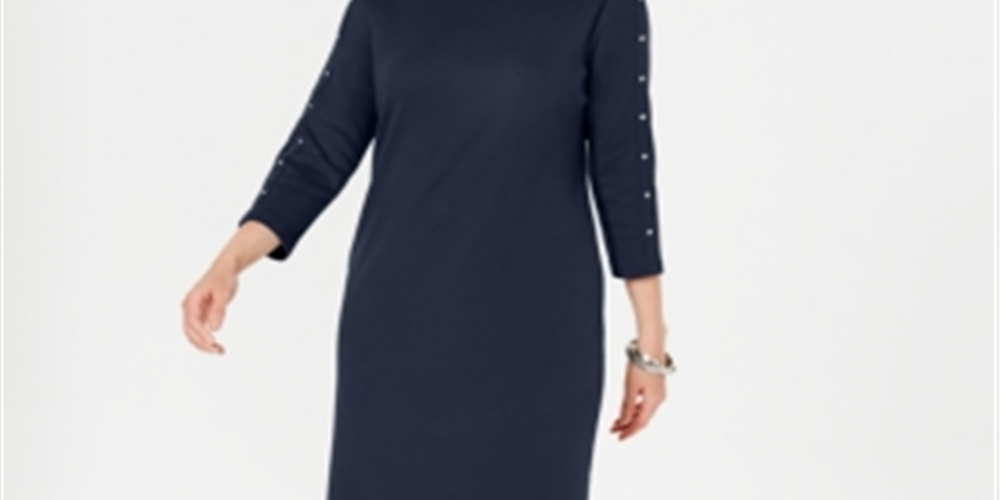 Vestido feminino Karen Scott com tachas, manga 3/4, decote canoa, acima do joelho, azul, tamanho X-S