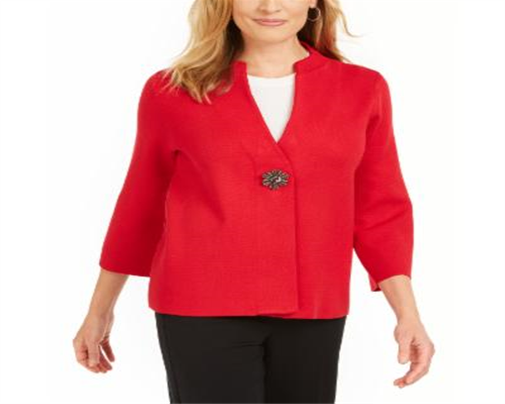 Cardigan feminino JM Collection com broche para festa de fim de ano, vermelho, tamanho médio