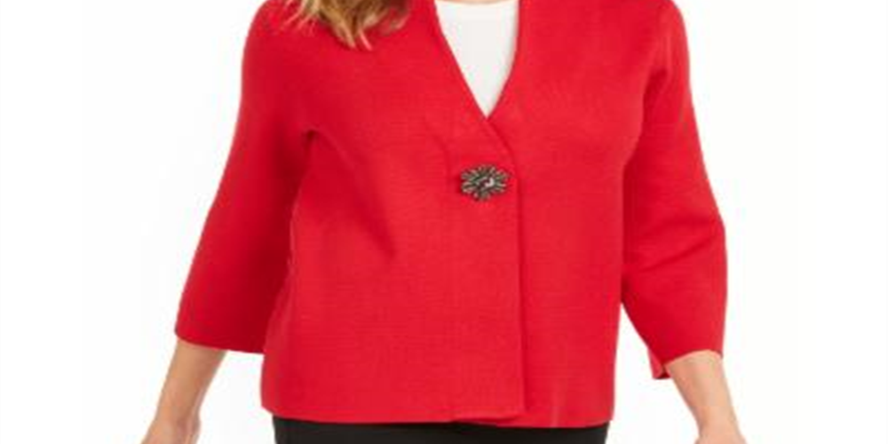 Cardigan feminino JM Collection com broche para festa de fim de ano, vermelho, tamanho médio