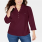 Camisa utilitária feminina Karen Scott de algodão com gola Johnny, vermelha, tamanho grande