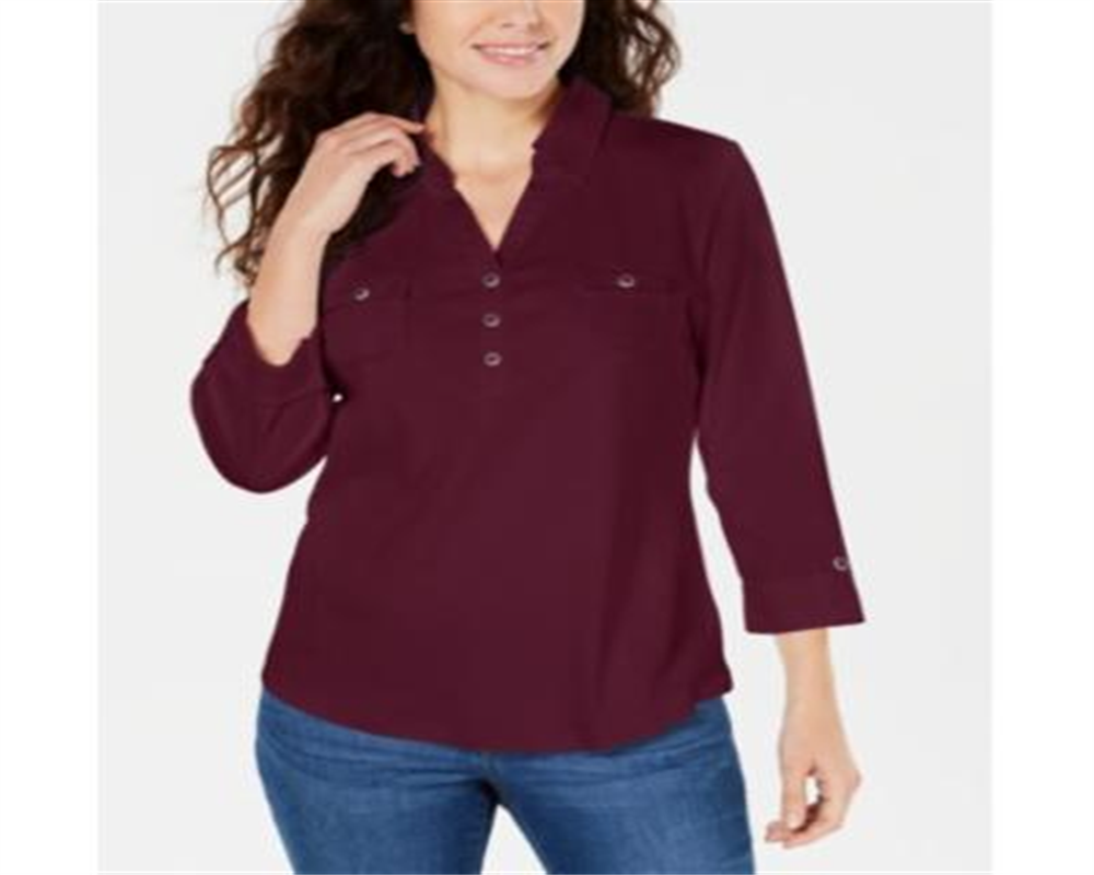 Camisa utilitária feminina Karen Scott de algodão com gola Johnny, vermelha, tamanho grande