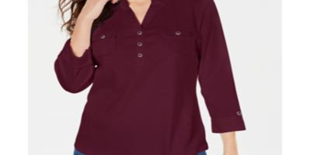 Camisa utilitária feminina Karen Scott de algodão com gola Johnny, vermelha, tamanho grande