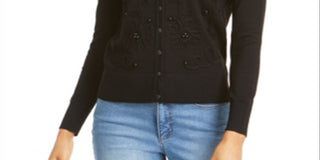 Suéter feminino Charter Club de manga comprida com decote em joia e botões, preto, tamanho extragrande