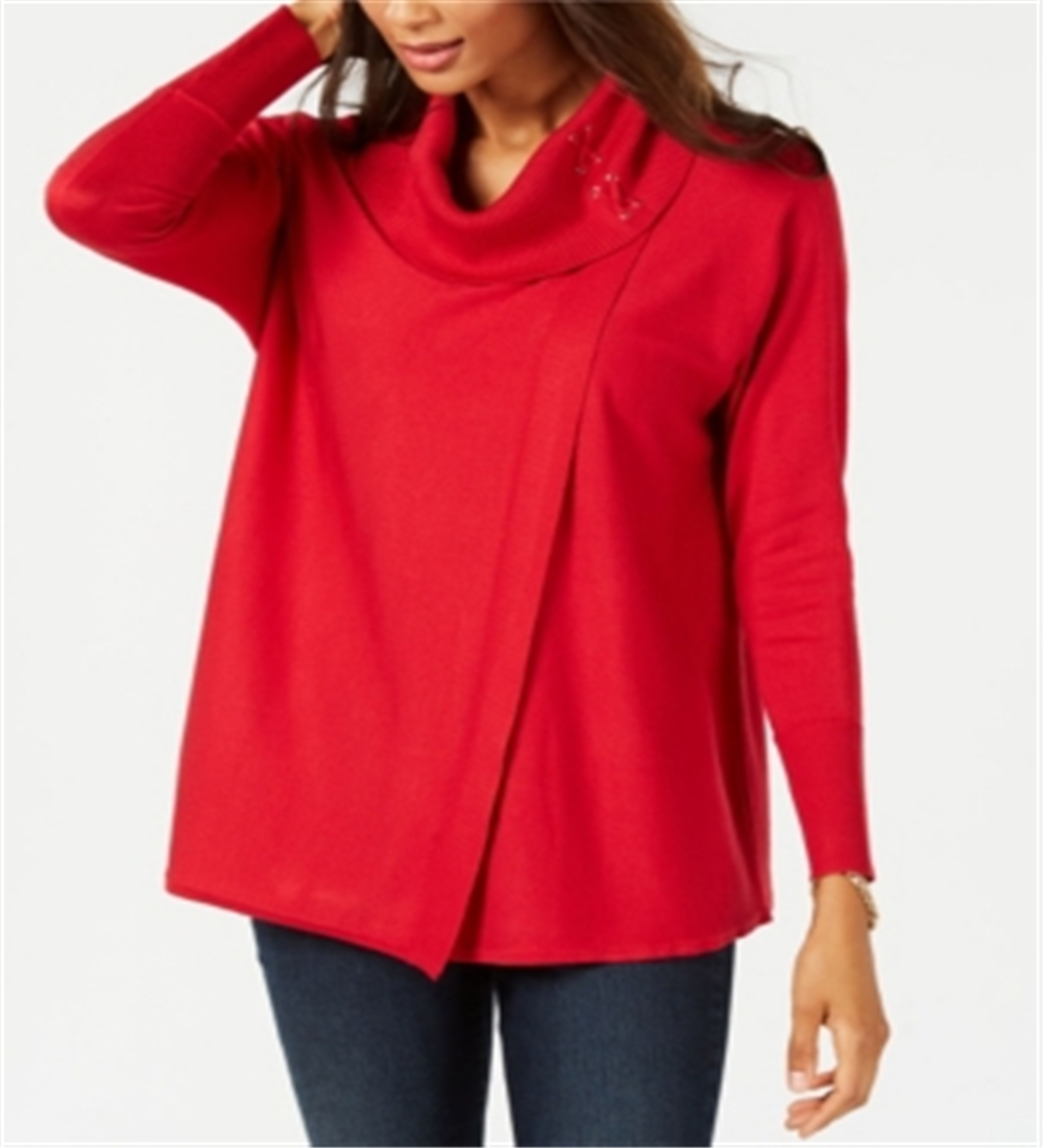 Suéter feminino JM Collection com gola alta e capuz, tamanho XX-G, vermelho