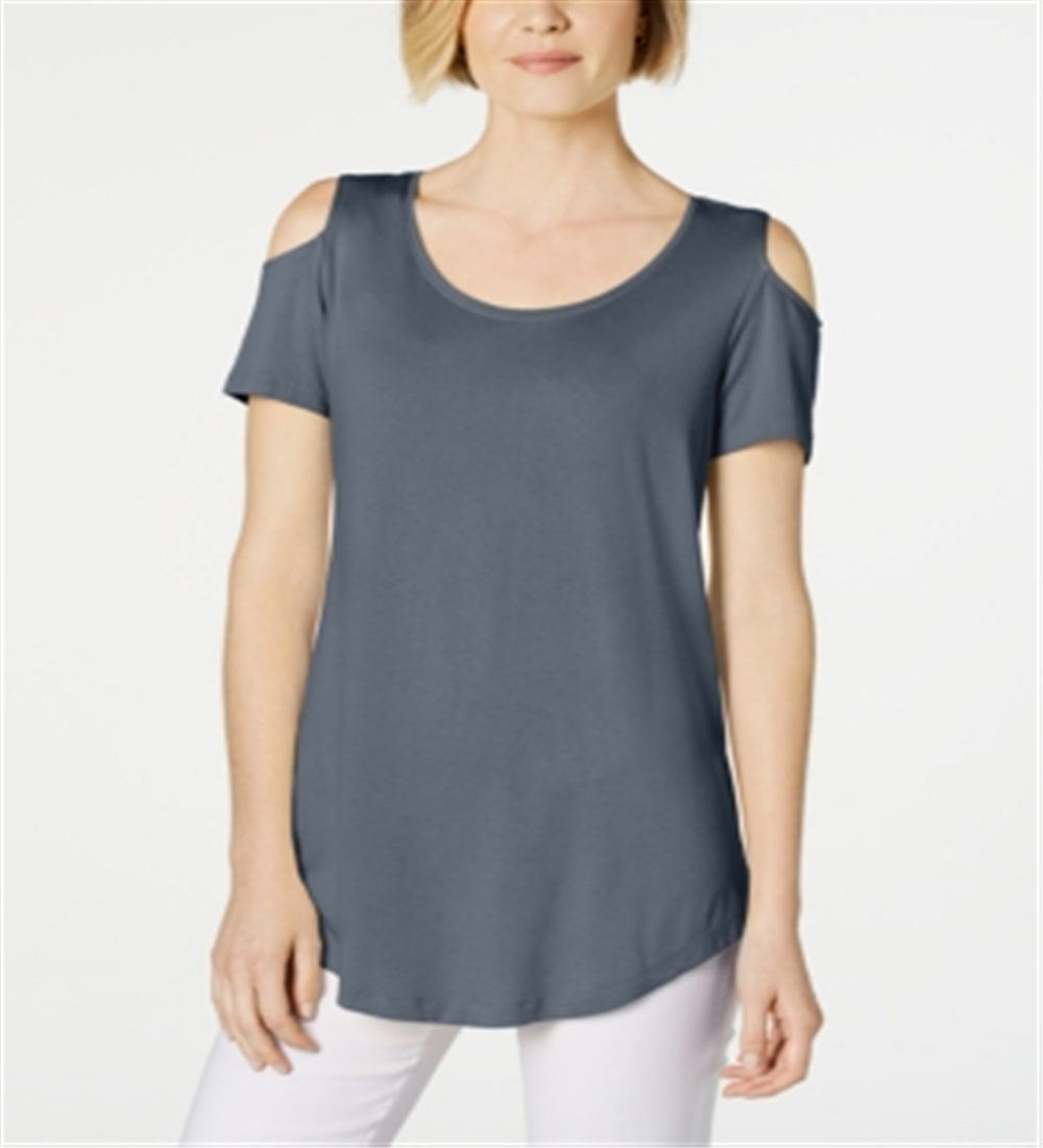 Camiseta feminina JM Collection com ombros descobertos e manga curta, azul, tamanho grande