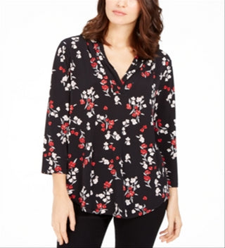 Blusa feminina Charter Club com estampa floral e decote em V, plissada, preta, tamanho pequeno