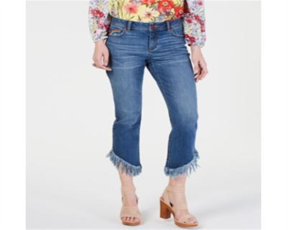 Calça jeans skinny cropped com franjas arco-íris feminina da INC International Concepts, azul, tamanho 14