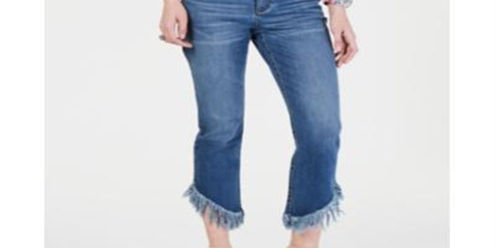 Calça jeans skinny cropped com franjas arco-íris feminina da INC International Concepts, azul, tamanho 14
