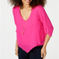 Thalia Sodi Blusa feminina com colar e manga franzida em camadas, rosa, tamanho médio