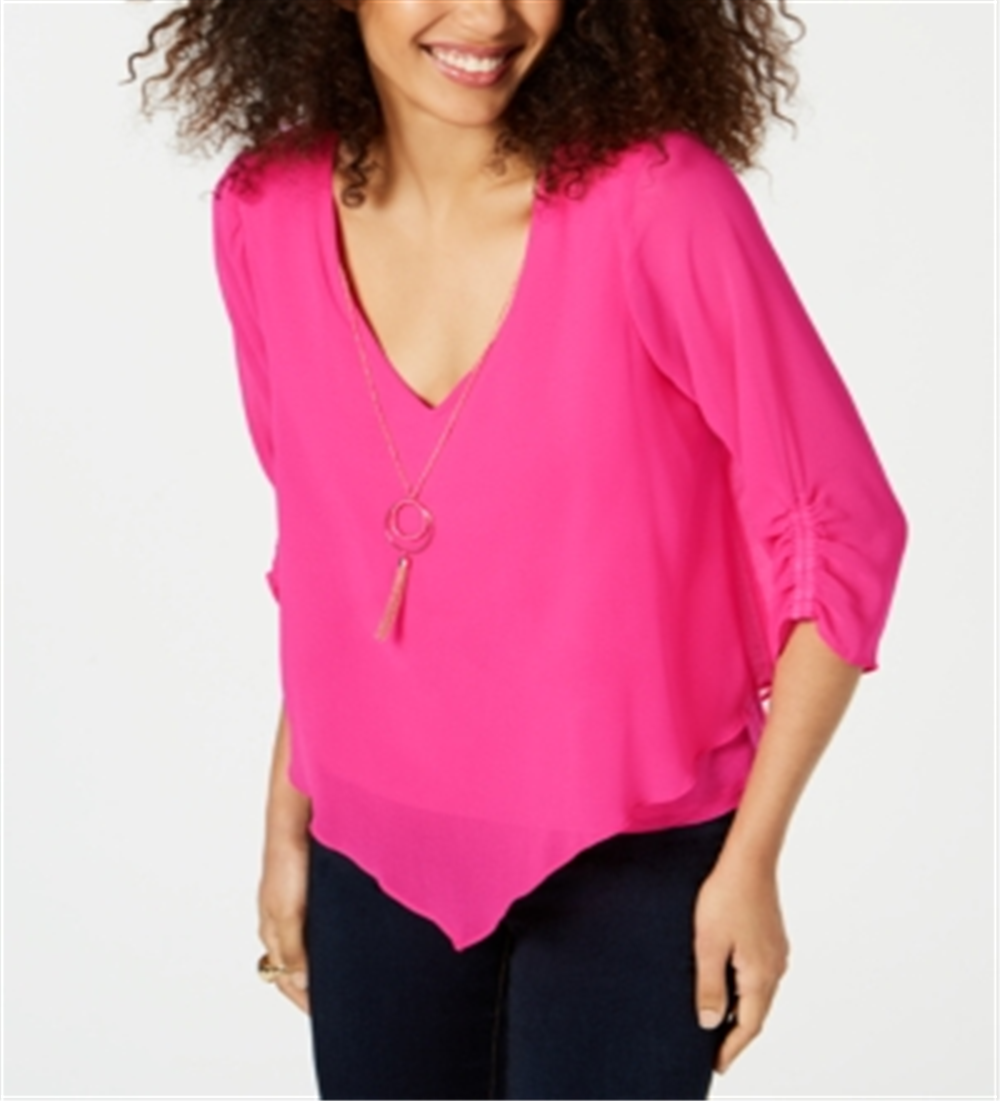 Thalia Sodi Blusa feminina com colar e manga franzida em camadas, rosa, tamanho médio
