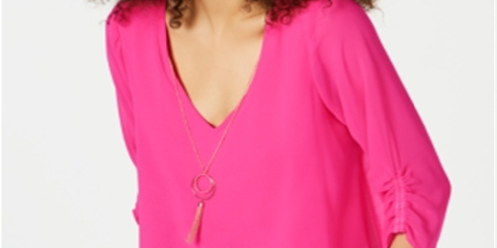 Thalia Sodi Blusa feminina com colar e manga franzida em camadas, rosa, tamanho médio