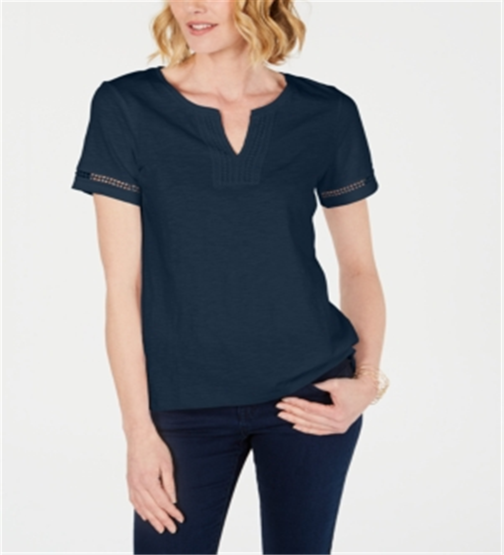 Blusa feminina Charter Club de algodão com decote dividido, azul, tamanho médio
