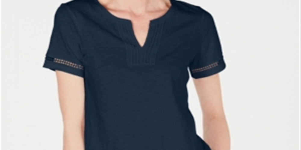 Blusa feminina Charter Club de algodão com decote dividido, azul, tamanho médio