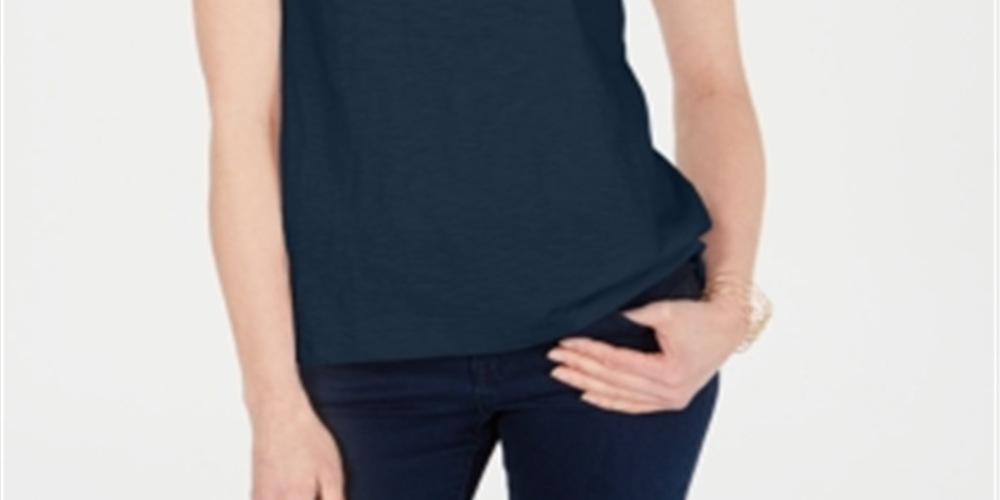 Blusa feminina Charter Club de algodão com decote dividido, azul, tamanho médio