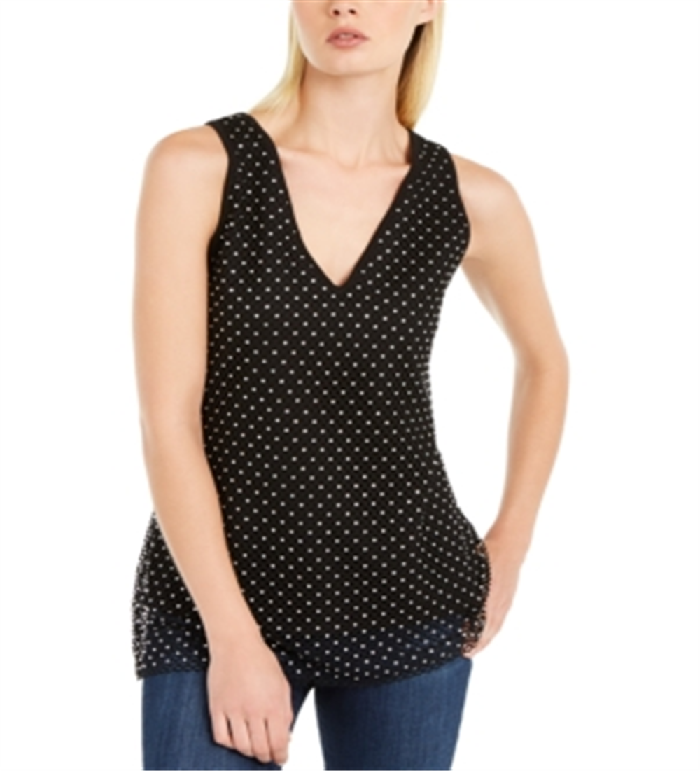 Suéter feminino sem mangas com strass e decote em V, preto, tamanho médio, da INC International Concepts