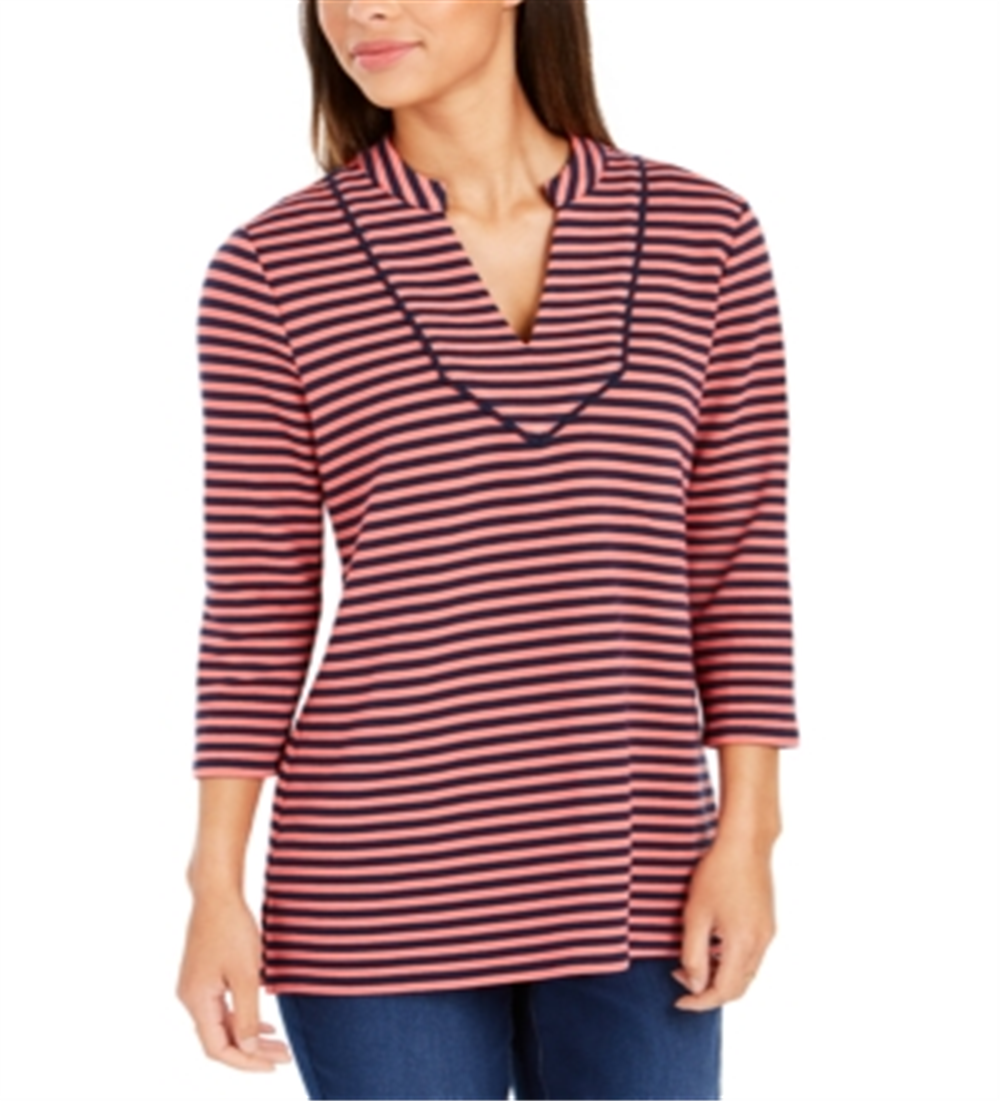 Top listrado feminino Charter Club com manga 3/4, vermelho, tamanho X-S