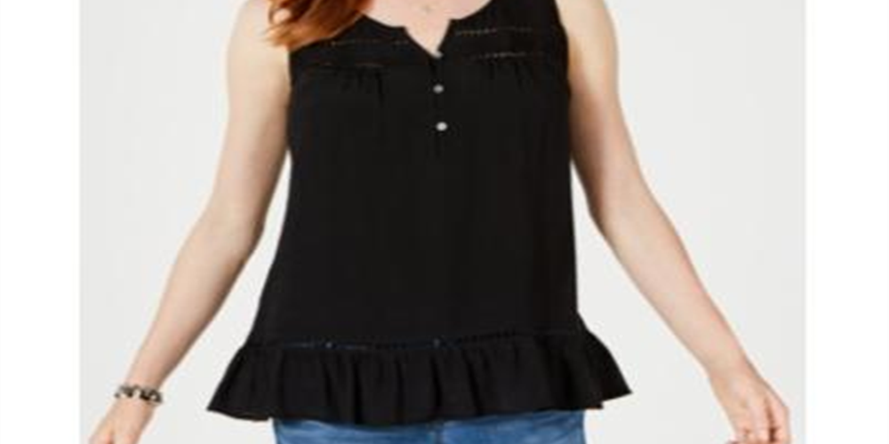 Top feminino com babados e acabamento aberto, preto, tamanho médio, da Style &amp; Co