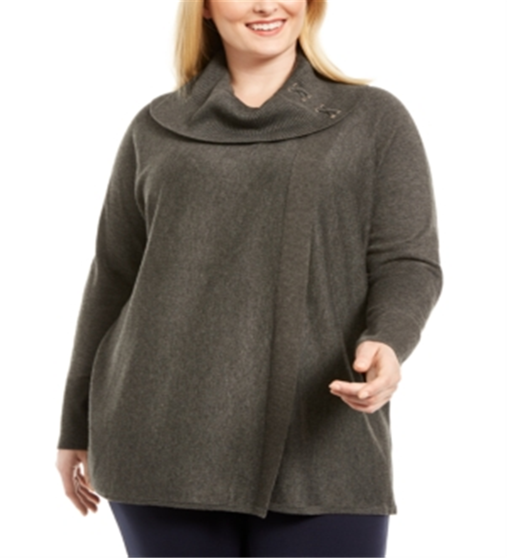 JM Collection Suéter Feminino Plus com Cadarço e Gola Redonda Cinza Tamanho 2X