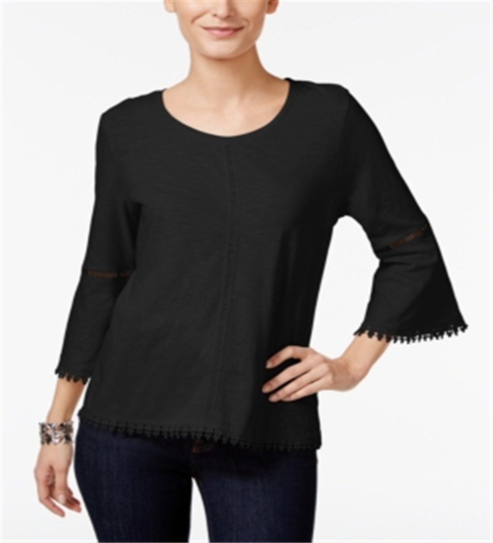 Blusa feminina estilo &amp; co com manga sino e acabamento em crochê, preta, tamanho pequeno P