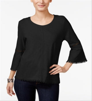 Blusa feminina estilo &amp; co com manga sino e acabamento em crochê, preta, tamanho pequeno P