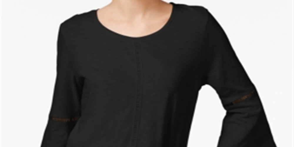 Blusa feminina estilo &amp; co com manga sino e acabamento em crochê, preta, tamanho pequeno P
