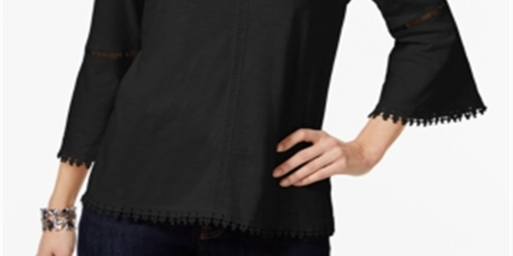 Blusa feminina estilo &amp; co com manga sino e acabamento em crochê, preta, tamanho pequeno P